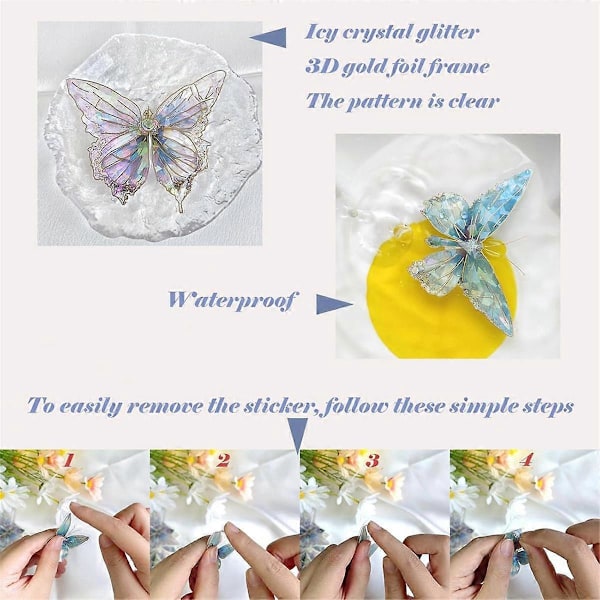Holografiske Sommerfugl Klistremerker Bulk - 160 stk. Krystall Glitter Transparent 3D Gullfolie Omriss for Håndverk