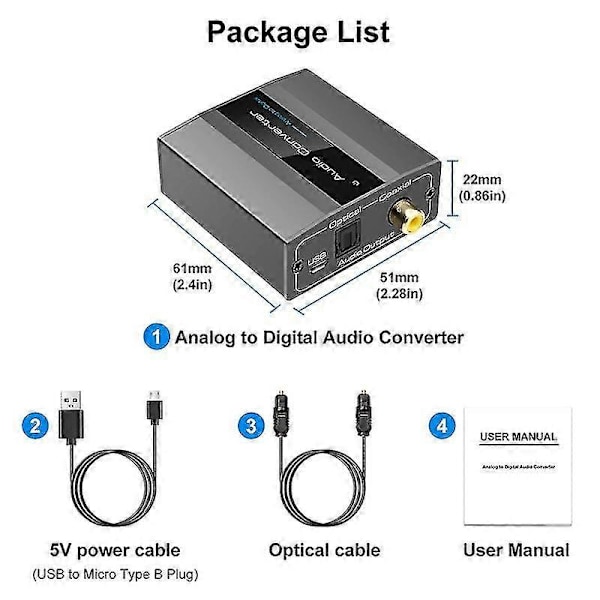 Analog til Digital Lydkonverter RCA til Optisk med Optisk Kabel Lyd Digital Toslink og Koaksial