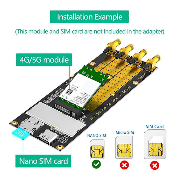 M.2(M.2) 3G/4G/5G-modul till Typ C /USB 3.0-adapter med NANO SIM-kortplats för RM500Q/RM500U /GM800/ SIM8200-modul