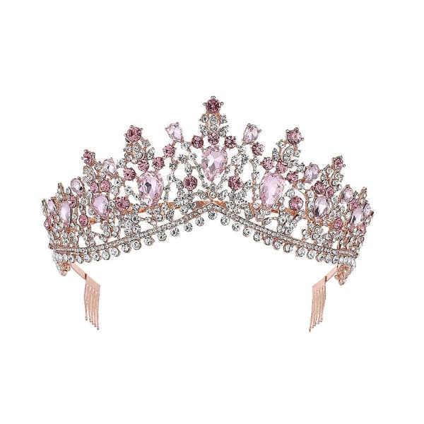1 STK Stor krone med kam, krone i legering med rhinsteiner, elegant hodeplagg for kvinner og jenter (gull og rosa rhinsteiner)
