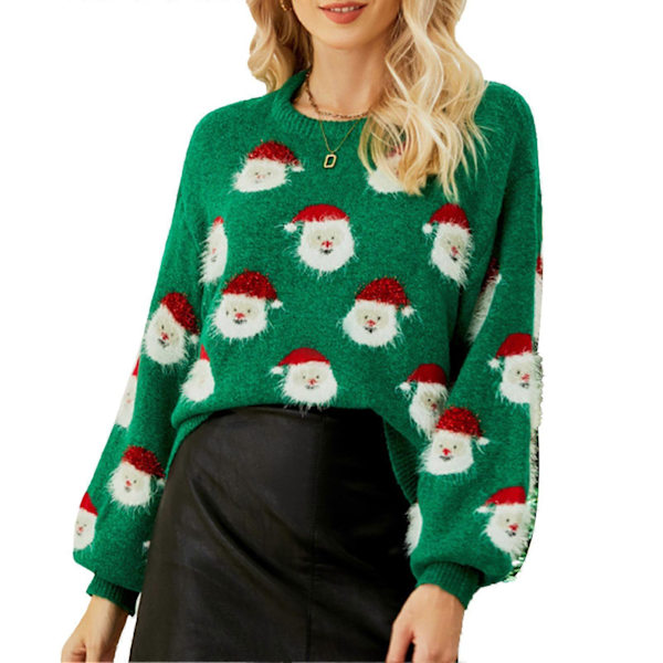 Dame Julemands Strikket Sweater Rund Hals Langærmet Sjov Pullover til Efterår Vinter Grøn XL
