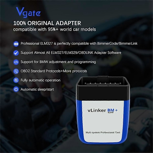 Vgate Vlinker BM + OBD2 V2.2 Bluetooth Dual Mode 4.0 Diagnostisk Feildetektor for Bil Kompatibel med Android/for IOS