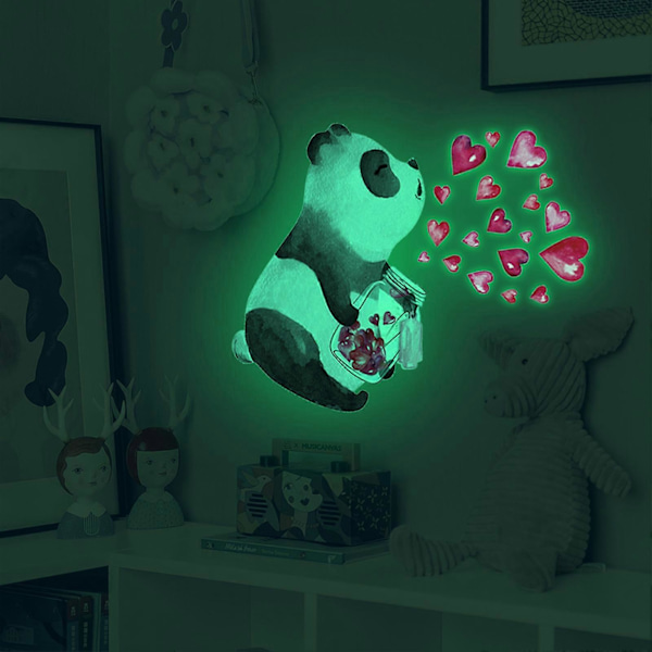 Valaiseva seinätarra, itseliimautuva, irrotettava, vahva tarttuvuus, hieno kuvio, helppo levittää, koristeellinen PVC-fluoresoiva, hehkuu pimeässä, sydänpanda
