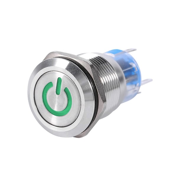 19mm 12V-24V Vanntett Rustfritt Stål Selvlåsende Trykknapp Strømbryter Grønn LED