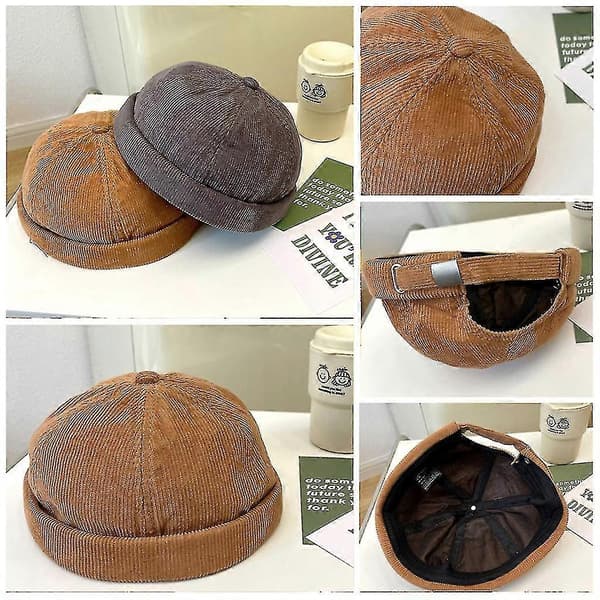 Retro Brimless Corduroy Hatt med Justerbar Arbetarhatt Hispter Hatt Docker Mössa Camel
