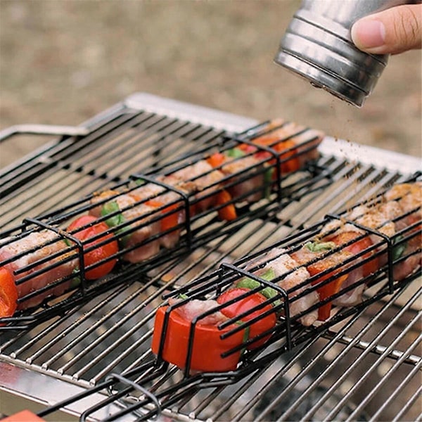 Grillkurv i rustfrit stål med træhåndtag, BBQ Grill Clip, Grillrist, Jern Grill