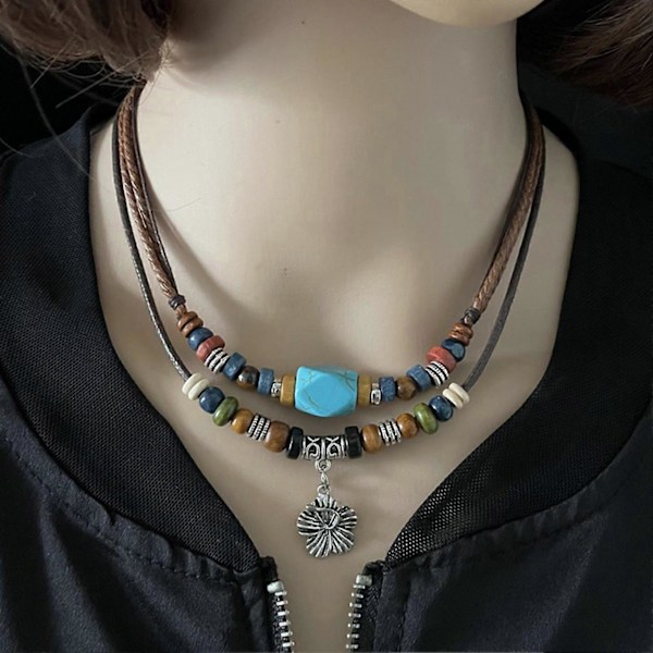 Halsband för män, lager på lager, etnisk stil, metallblomma, vaxrep, träpärlor, turkos nyckelbenskedja, smyckestillbehör