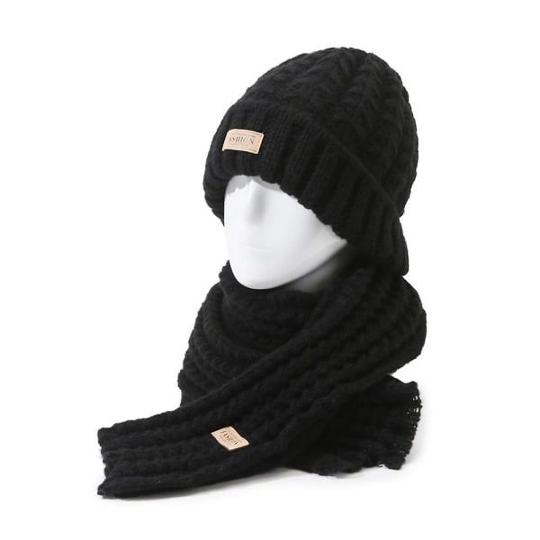 Dam Vinter Varm Stickad Mössa Halsduk Set Lång Halsvärmare Halsdukar Skidmössor Black
