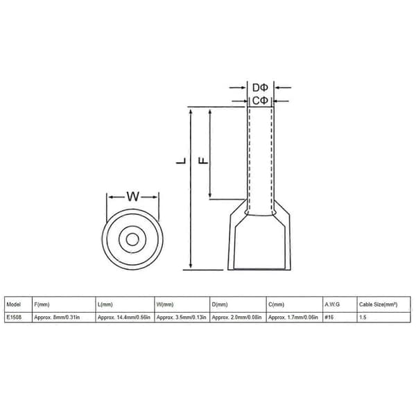 100 stk. E1508 Pin Cord End Terminal Kobber PVC Wire Isolerede Ferrule Krympe Terminaler til Elektronisk Udstyr
