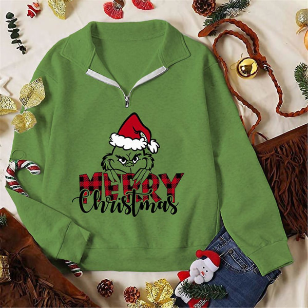 Merry Christmas Santa Grinch Sweatshirt med V-ringad dragkedja Dam Xmas Rolig grönt print Långärmad tröja Toppar style 5 XL