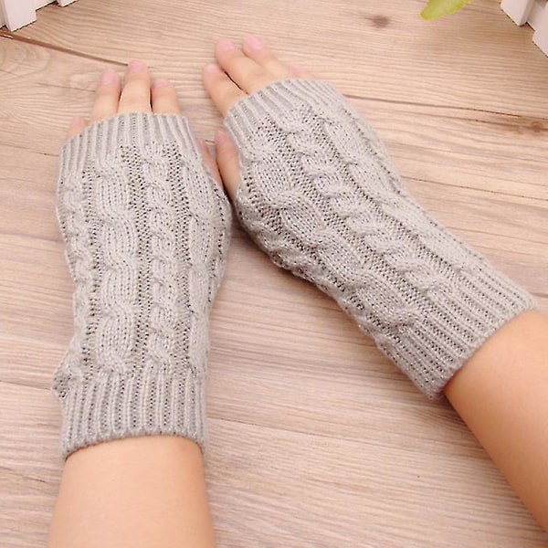 Dam Vinter Handled Arm Hand Tjock Stickad Lång Fingerless Handskar Vante 2 Light Grey