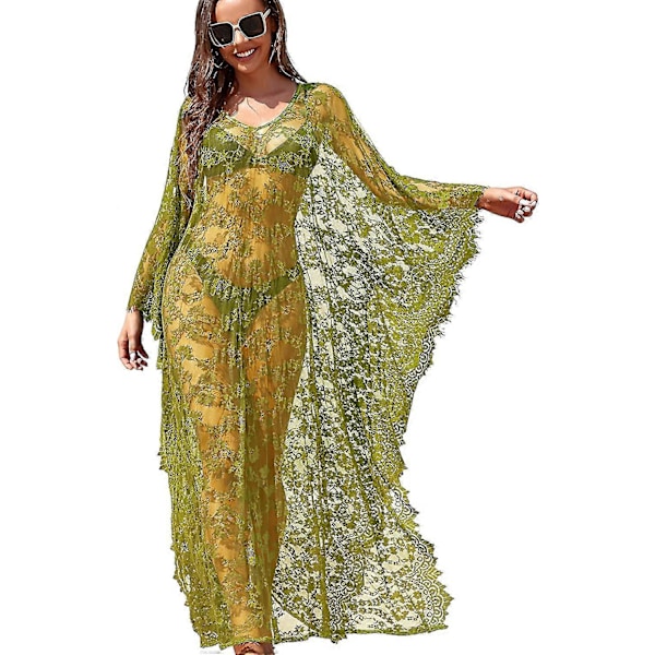 Strandkjole Boho Blonde Kimono Plus Size Bikini Morgenkåbe Badedragt Til Kvinder Ensfarvet Army Green