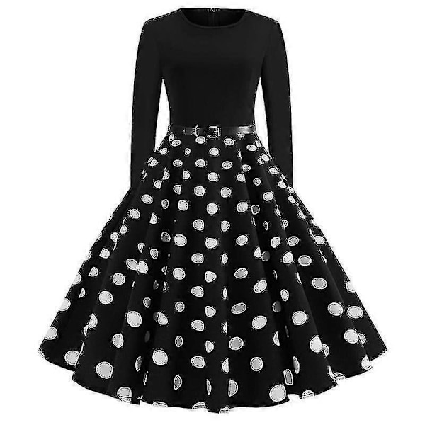 Naisten Retro 50-luvun ja 60-luvun pitkähihainen cocktail-juhlamekko pyöreällä kauluksella ja polka dot -kuviolla, Rockabilly-tyyli L