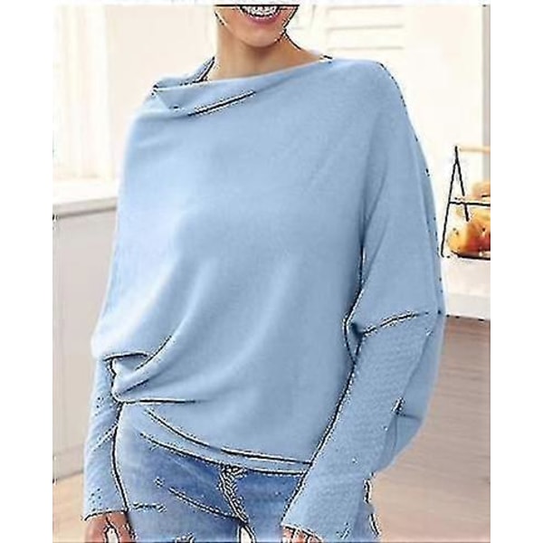 Asymmetrisk draperad tröja, en tröja lika mjuk som molnen, dam långärmad slapp batwing enfärgad mjuk stickad tröja light blue