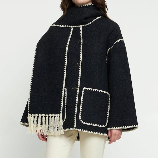 Mode Single-breasted Tassel Scarf Kavaj Fritids Tjock Långärmad Kavaj För Höst Vinter Khaki L