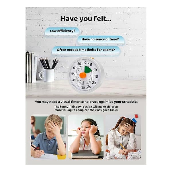 60 Minuters Visuell Timer för Barn, Visuell Nedräkningstimer för Klassrum Kontor Kökstimer med Tyst Drift B