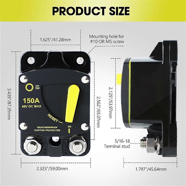100 Amp Marine Strømbryter Tilbakestillbar 100A med Manuell Reset Bryterknapp for Båt Trolling RV Yacht, 12V - 48V DC