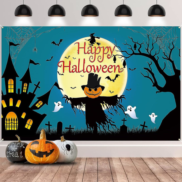 Glad Halloween Banner Dekorationer, Röd Halloween Bakgrund Party Dekor Nödvändigheter Super Stor Banner, Spöke Fladdermus Fågelskrämma Och Häxa Banner För Hallow Halloween Green