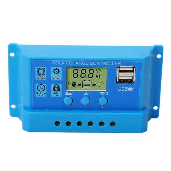Solar Laderegulator PWM LCD-skjerm Parameter Justerbar 2 USB Solar Laderegulator Blå 12V 24V