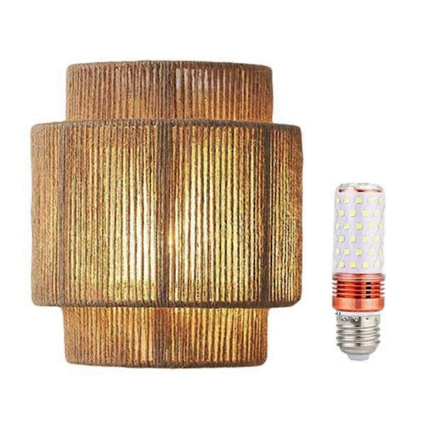 Japansk Retro Rattan Vävning Vägglampa LED Trefärgat Ljus Vägglampetter Rum Sovrum Sängbord Korridor