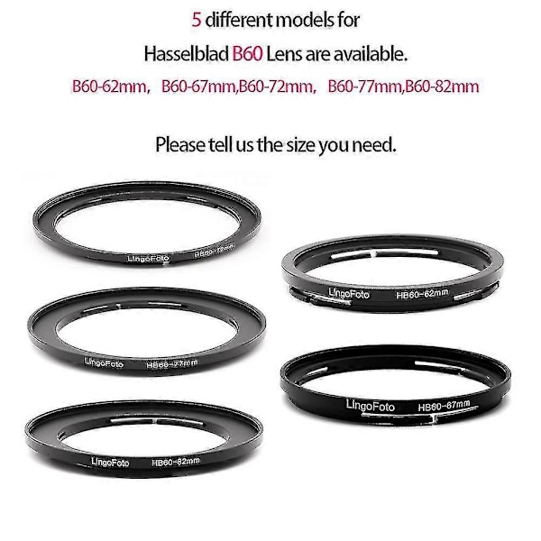 Hasselblad B60 Metallinen Suodatinadapterirengas 62/ 67/ 72/ 77/ 82mm Suodattimille Hasselblad B60 Bajonettikiinnitykseen 72mm