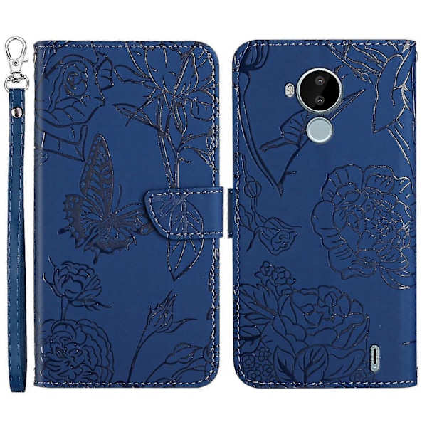 För Nokia C30 Fjäril Blommor Prägling Pu Läder Telefonskal, Fallsäker Mönster Prägling Design Plånboksfodral Med Praktisk Rem Blue
