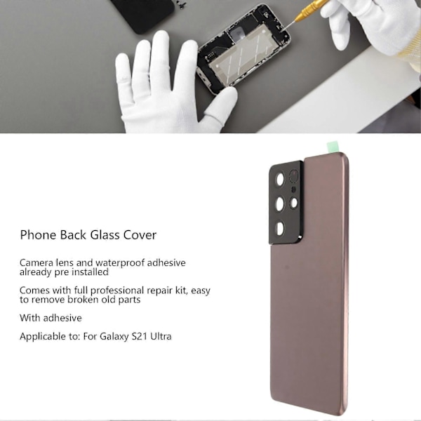 Bakglassdeksel Erstatning Med Forhåndsinstallert Kameralinse og Tapdeler Erstatning for Galaxy S21 Ultra Brun