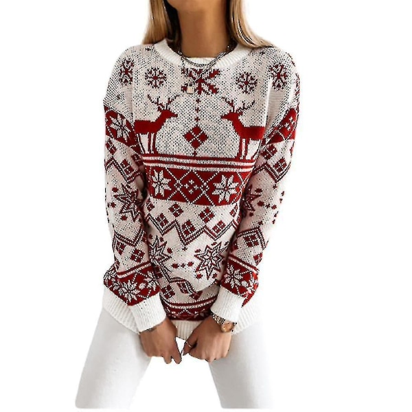 Ny dam jultröja Xmas Elk Knit Pullover Jumper Top Red S