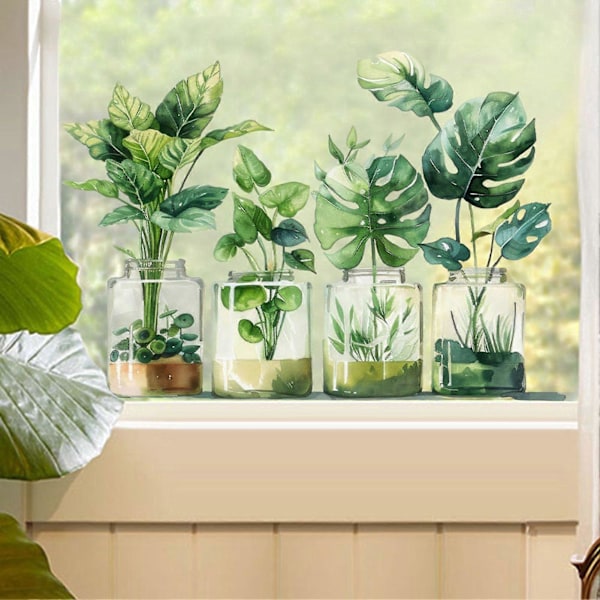 Grøn Plante Vinduesmærkat PVC Glasfilm Genanvendelige Resterfri Mærkater Hydroponisk Pottet Design Forårsindretning