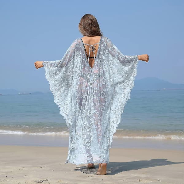 Strandklänning Boho Spets Kimono Plus Size Bikini Morgonrock Baddräkt för Kvinnor Enfärgad Sky Blue
