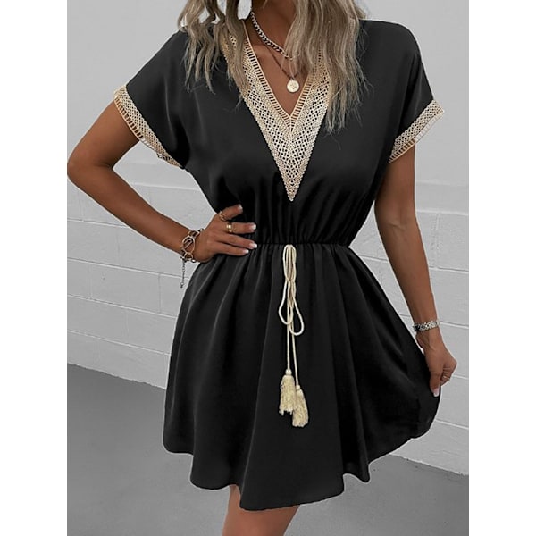 Dam Vintage Mini Klänning Sommar Mode Enfärgad V-ringad Lös Knytklänning Apricot M