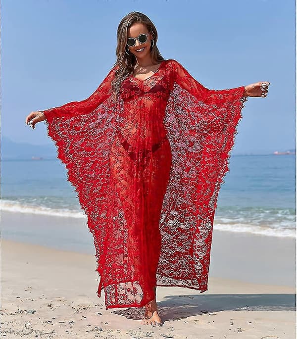 Strandklänning Boho Spets Kimono Plus Size Bikini Morgonrock Baddräkt för Kvinnor Enfärgad Red