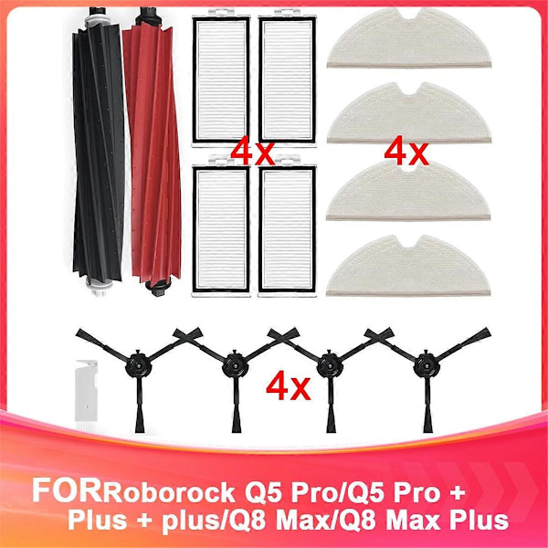 Tilbehørssett reservedeler for Q5 Pro/Q5 Pro +Plus /Q8 Max/Q8 robotstøvsuger, hovedbørste, moppeklut