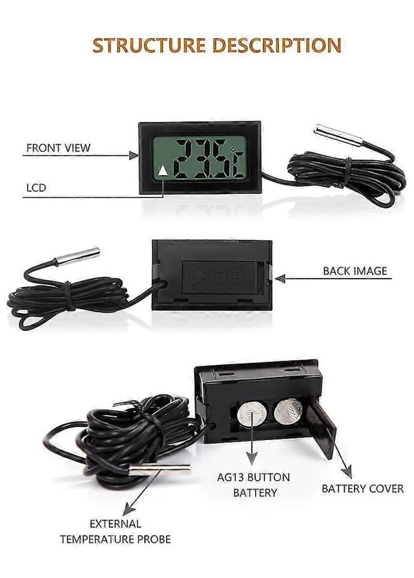 Digitalt LCD Termometer Temperaturmåler med Vandtæt Sensor Probe black