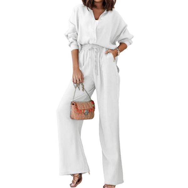 Lös Dam Enfärgad Outfit Skjorta Toppar + Elastisk Hög Midja Vida Ben Byxor Set Lös Vardaglig Arbets Lounge Klädsel White XL