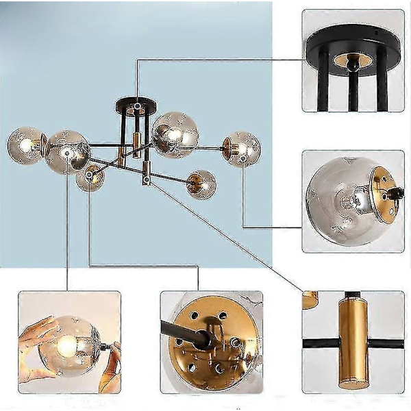 6-osainen lasivarjostin Sputnik-kattokruunu metallinen pallo puoliksi upotettava kattovalaisin Mid Centurylight F
