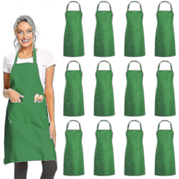 12-pack Enfärgade Haklappsförkläden Med 2 Fickor - Svarta Unisex Kommersiella Förkläden i Bulk Green