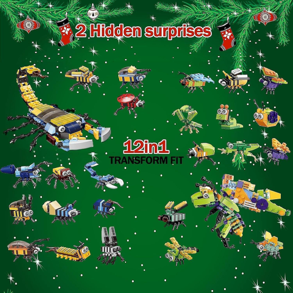 Adventskalender 2023, jul 24 dagars nedräkningskalender med insektsbyggstenar, barn advent Ca