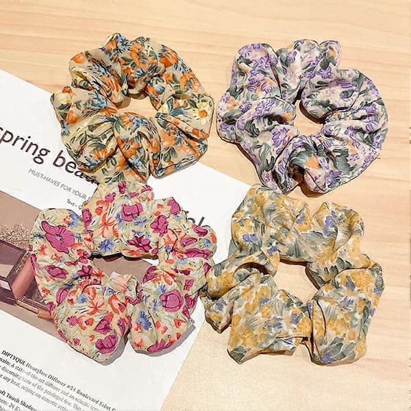 3 stk. Kvinner Blomstret Stoff Elastisk Hestehaleholder Scrunchy Hårstrikk Tilbehør Qinhai