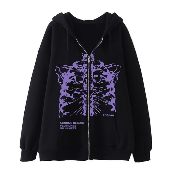 Mörk Zip Hoodie Skelett Hoodie Benprydd Hoodie black purple 2XL