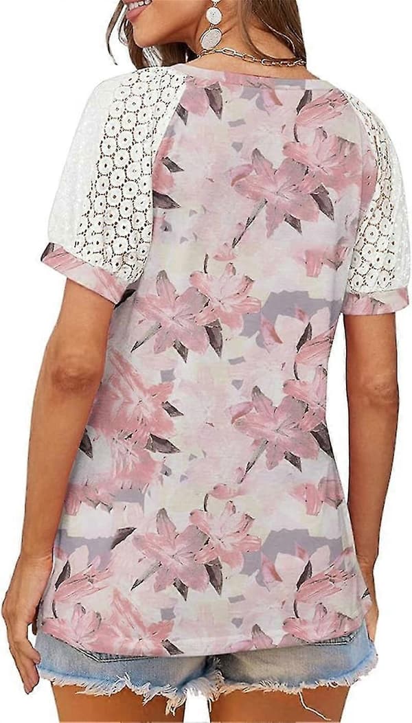 Mode Spetstoppar Sömmar Kortärmad V-ringad T-shirt Blus Blomstertryck L