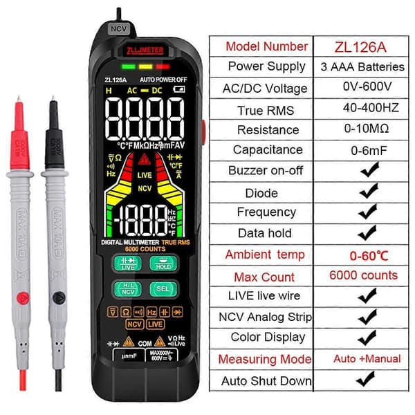 Smart Multimeter Digital AC DC Strømspenning Detektor Penn Kapasitans Temp Auto Range Tester Multimeter ZL126A
