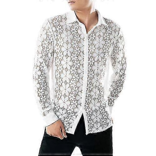 Sexy gjennomsiktig blondeoverdel for menn, langermet fritidsskjorte XL
