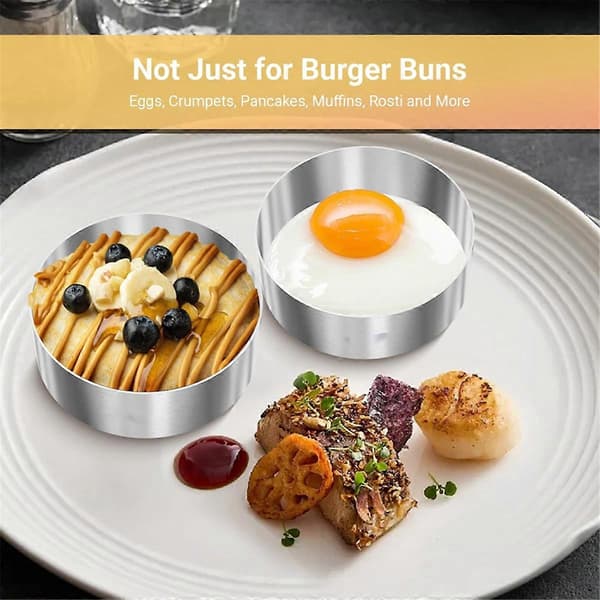 6 stk. Hamburgerbolle Ringe, Burgerform, 10 cm Store Ringforme til Madlavning, til Spejlæg, Crumpets, Pandekager