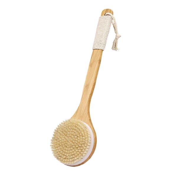Badborste med långt bambuskaft med snodd, halkfritt ergonomiskt grepp, torr kroppsskrubb, ryggmassageborste