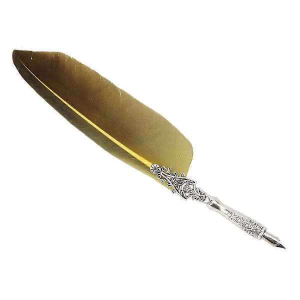 Vintage Retro Fjer Dyb Pen Legering Nib Kalligrafi Skrive Pen Gave med Æske (Gul)