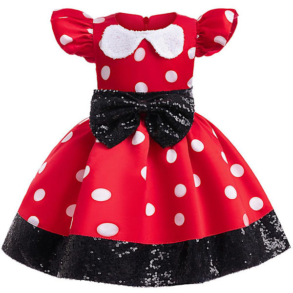 Flickor Minnie Röd & Svart Söt Tecknad A-linje Klänning Prickig Rosett Dekoration Prinsessklänning 5-6Y
