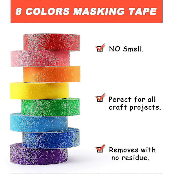 Farvet Malertape, 8 ruller Regnbue Malertape Etiketteringstape