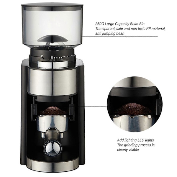 Elektrisk kaffebønnekværn 250g Stor kapacitet Rustfrit stål kværnjustering Justerbar kaffekværn EU-stik 220V