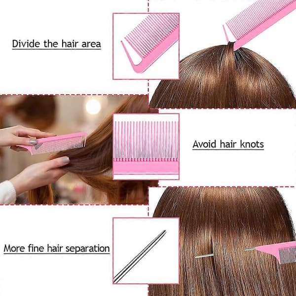 2 set Hår Loop Verktygsset med 4 st Franska Fläta Verktyg Loop 2 st Råttsvanskam Metall Pin Tail Flätkam för Hårstyling, Rosa